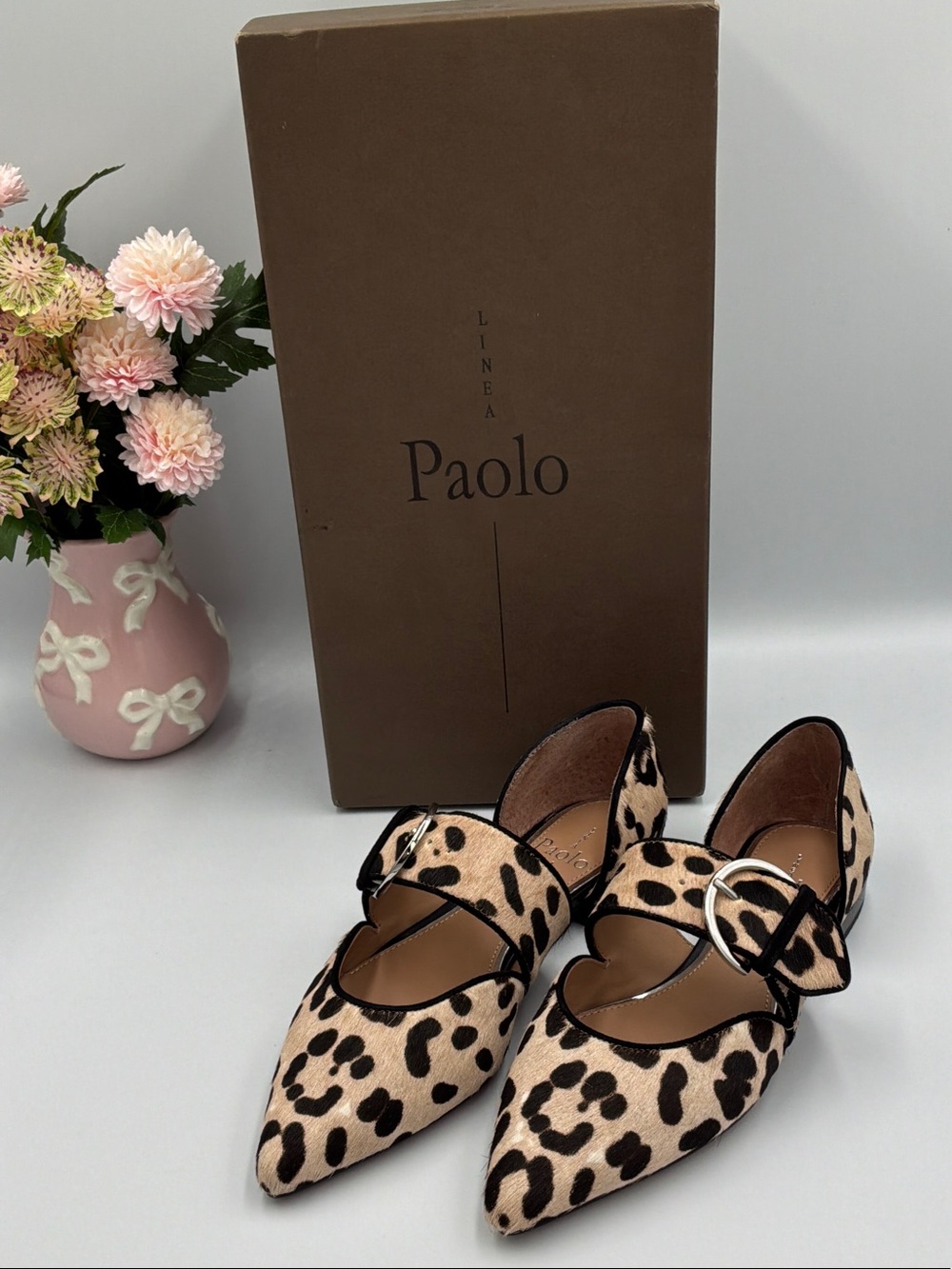 Paolo Leopard Print Pointed Mary Jane Flats in Tan and Black